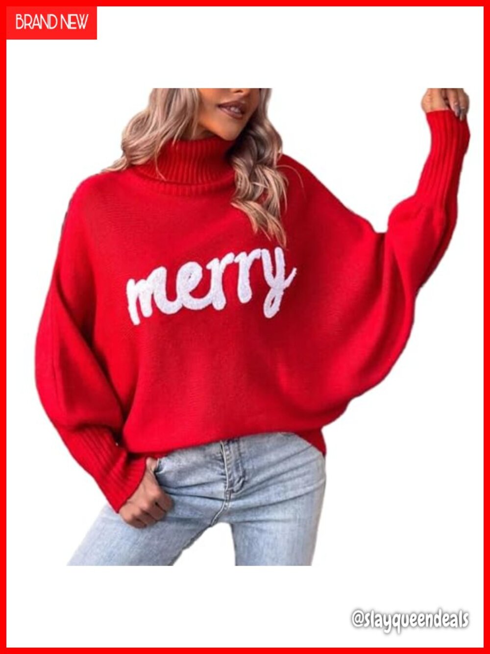 Women's Merry Letter Embroidery Turtleneck Loose Knitted Pullover Sweater